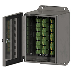 A render of a CTC CR202 series stainless steel cable reduction box shown with the cover unlatched.